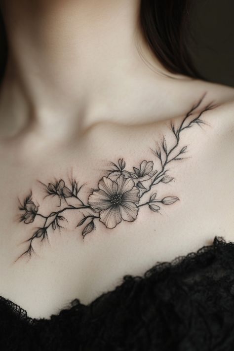 Floral tattoo design on a woman's collarbone in black ink. Shoulder Tatoos Woman, Collarbone Flower Tattoo, Airplane Tattoos, Flower Tat, Single Needle Tattoo, Beautiful Flower Tattoos, Clock Tattoo, Spine Tattoo, Collar Bone Tattoo