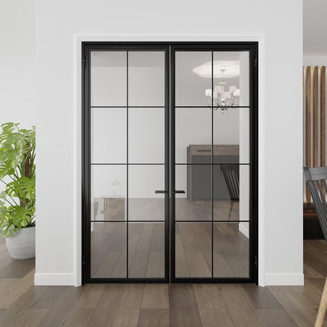 Eight Light Double Door Glass Industrial Door, Metal Office Doors, Black Interior Glass Doors, Black Glass Office Doors, Interior Steel Doors, Black Glass Doors Interior, 3 Panel Shaker Interior Doors, Interior Glass Doors Ideas, Glass Office Doors