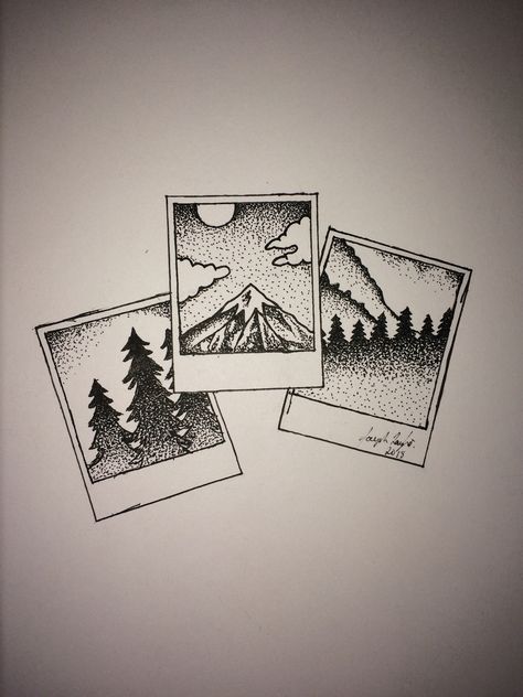 Mountain Polaroid Tattoo, Tattoo Ideas Landscape, Newfoundland Tattoo Ideas, Mountain Lover Tattoo, Poloroid Tattoo Idea, Polaroid Tattoo Design, Polaroid Pictures Drawing, Road Trip Tattoo Ideas, Polaroid Picture Tattoo