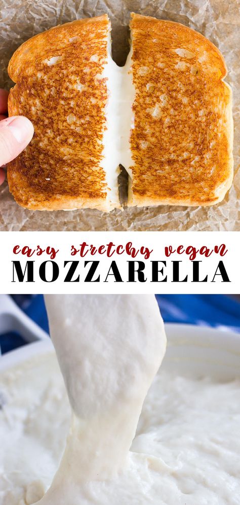 This EASY stretchy vegan mozzarella cheese is perfect for pizza, lasagna, grilled cheese and more! Only 5 ingredients & 15 minutes to make. #vegan #plantbased Lasagna Grilled Cheese, Raffaello Dessert, Vegan Mozzarella Cheese, Pizza Lasagna, Plant Based Cheese, Vegan Cheese Recipes, Pizza Making, Vegan Mozzarella, Wfpb Recipes