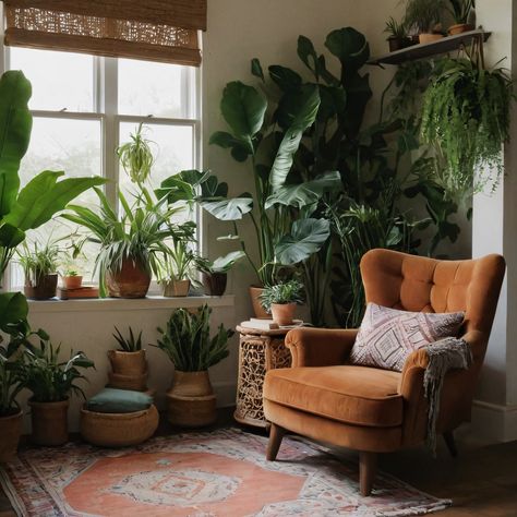 ⚠️LINK IN BIO⚠️ A serene bohemian reading nook with a cozy armchair, lush greenery, and a delightful mix of textures and patterns for a relaxing atmosphere. #ReadingNook #Bohemian #Cozy #Plants #Textures Cozy Armchair, Bohemian Office, Urban Gardens, Textures And Patterns, Houses Plans, Reading At Home, Cozy Chair, Relaxing Atmosphere, Luxury House Plans