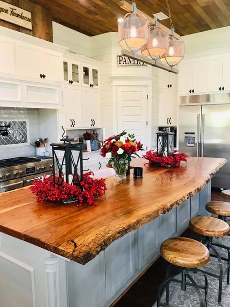 K8tchen Design, Wood Island In Kitchen, Farmhouse Island Table, White Cabinets With Live Edge Countertop, Raw Edge Kitchen Island, Live Edge Island Countertop, Live Edge Wood Kitchen Island, Wood Floors With Wood Trim, Wood Kitchen Island Ideas