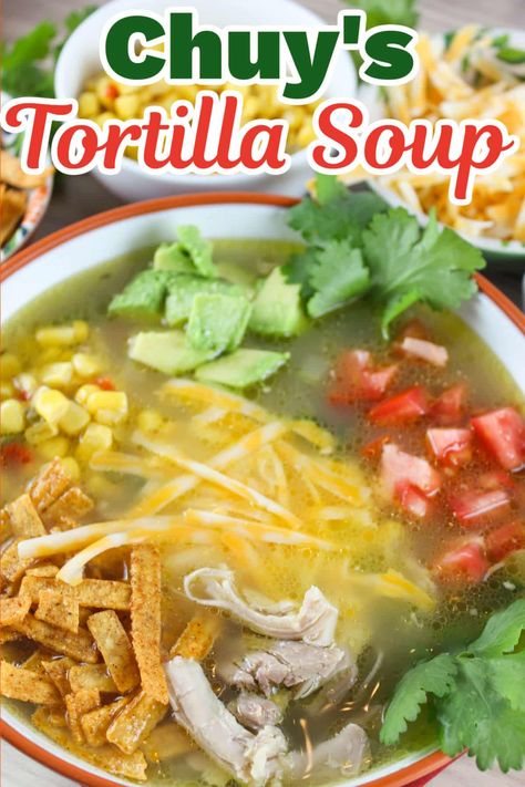 Chuy's Tortilla Soup is unique because you make the homemade chicken broth from scratch! It's so much more delicious and really simple! This perfect cold day soup is loaded with veggies, chicken and fresh herbs then topped with tortilla strips and avocado chunks. via @foodhussy Chuys Tortilla Recipe, Chuys Copycat Tortilla Soup, Chicken Tortilla Soup Chuy, Chuys Chicken Tortilla Soup Copycat, Chuy's Chicken Tortilla Soup, Chicken Tortilla Soup For Two, Chicken Based Soups Crock Pot, On The Border Chicken Tortilla Soup, Chicken Tortilla Soup Broth Based