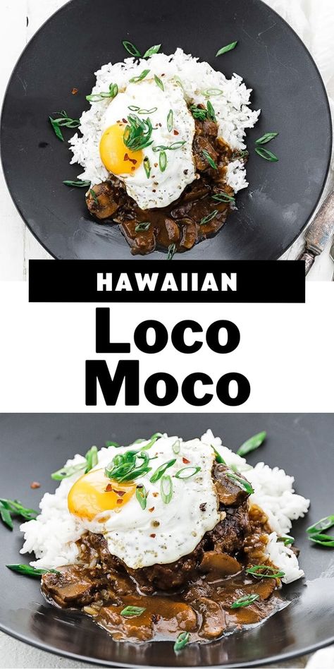 A Loco moco is the perfect weeknight 30-minute meal with a tasty cooked hamburger patty stacked high over rice with a delicious mushroom sauce and a fried egg.  This Hawaiian comfort food will be a sure-fire family favorite! Mocoloco Recipe, Tiki Food Recipes, Hawian Recipes Food, Culture Food Recipes, Cultural Food Recipes, Locomoco Hawaiian, Hawaiian Breakfast, Hamburger Patty, Cultural Food