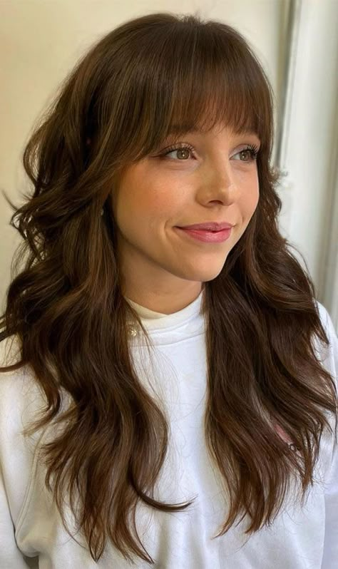 soft shaggy layered haircut, shaggy layers, long layered haircut Haircut Shaggy Layers, Shaggy Long Layers, Layered Brunette Hair, Feather Bangs, Long Shaggy Haircuts, Mid Length Hair With Bangs, Shaggy Layered Haircut, Bang Styles, Ph Scale