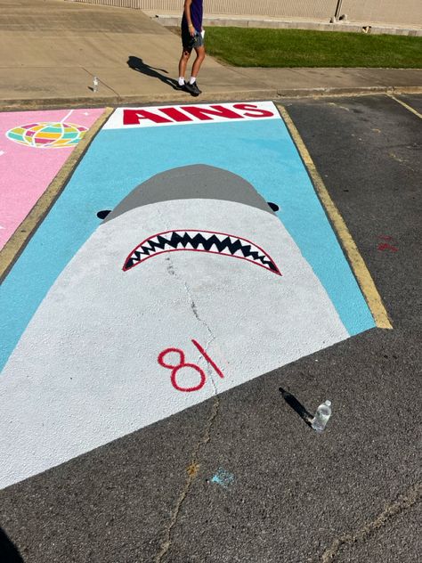 Shark painting parking spot Guy Parking Spot Painting, Parking Spot Painting Boys, Senior Parking Spaces Dinosaur, Boys Painted Parking Spots, Shark Parking Spot Painting, Senior Spots, Senior Pants, Senior Parking Spot, Parking Spot Painting