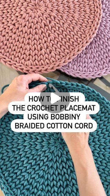 All Yarn Drive - Justyna - Bobbiny Crochet & Macrame Cords on Instagram: "How to finish the crochet placemat using Bobbiny braided cotton cord tutorial.

Do you prefer traditional crochet finishes or experimenting with alternative materials like Bobbiny cord? Share your thoughts!

How to crochet round placemat, Bobbiny Braided Cotton Cords

#bobbiny #bobbinycordsus #crochettutorial #crochetplacemat #crochetforbeginners #howtocrochet #crochethomedecor #modernhomedecor #crochetlove" Knitting With Macrame Cord, Crocheting With Macrame Cord, Crochet Placemats Round, Crochet With Macrame Cord, Crochet Macrame Cord, Bobbiny Crochet, Crochet Round Placemats, Macrame Placemat, Braided Placemats