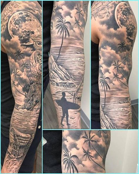 Beach Scene Tattoo, Voll Arm-tattoos, Ocean Sleeve Tattoos, Nautical Tattoo Sleeve, Ocean Sleeve, 5 Tattoo, Surf Tattoo, Nature Tattoo Sleeve, Paradise Tattoo