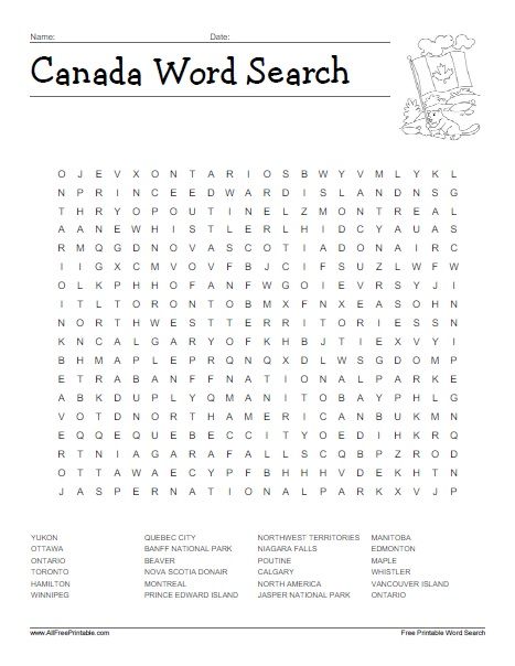 Free Printable Canada Word Search Puzzle. Print this free Canada word search and try to find Canada's top places to visit, national dishes, animals, and more. Great word search to have fun at school with your students and learn more about Canada. You can also share this activity with your friends or with your kids at home. If you are Canada Word Search, Canada Activities, Fun At School, Kids Word Search, Grinch Tree, Work Binder, Word Search Puzzles Printables, Free Printable Word Searches, About Canada