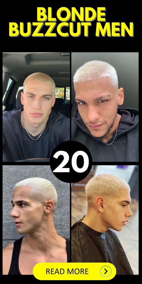 The aesthetic appeal of blonde buzzcut men with a bleach-blonde finish and a fade is undeniable. Ideal for those with tan skin, the look can range from a natural low fade to a more dramatic skinfade, often paired with a messy beard for an added rugged charm. This hairstyle not only highlights the individual's features, like blue eyes or a well-defined jawline but also complements any outfit, from casual to more textured and colored ensembles. Mens Fade Buzzcut, Bleach Blonde Men, Messy Buzzcut Men, Textured Buzzcut Men, Bleach Buzzcut Men, Modern Buzzcut Men, Buzzcut Men Aesthetic, Mens Buzzcut, Blonde Buzzcut Men