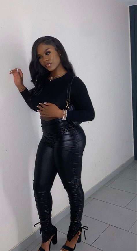 Black Women Leather Pants Outfit, Leather Jeans Outfit Black Women, Leather Pants Outfit Club, Cute All Black Outfits Black Women, Leather Pants With Heels, All Black Outfits Black Women, Black Leather Pants Outfit Night, All Black Outfit Baddie, Leather Pants Outfit Black Women