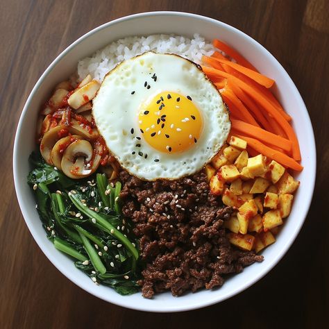 🍚 "Spicy Korean Beef Bibimbap is a vibrant, flavorful meal that's sure to satisfy with its perfect blend of spicy and savory!" 🍚🌶️ #Bibimbap #KoreanCuisine Spicy Korean Beef Bibimbap Ingredients: Ground beef (1 lb) Gochujang (3 tbsp) Soy sauce (2 tbsp) Garlic (3 cloves, minced) Sesame oil (1 tbsp) Cooked rice (2 cups) Assorted vegetables (e.g., spinach, carrots, mushrooms, 1 cup each, cooked) Egg (1, fried) Instructions: Cook ground beef with gochujang, soy sauce, garlic, and sesame oil u... Korean Spicy Pork Bulgogi, Bibimbap Aesthetic, Korean Beef Bibimbap, Beef Bibimbap, Spicy Korean Beef, Korean Night, Korean Meals, Korean Bowl, Korean Bibimbap