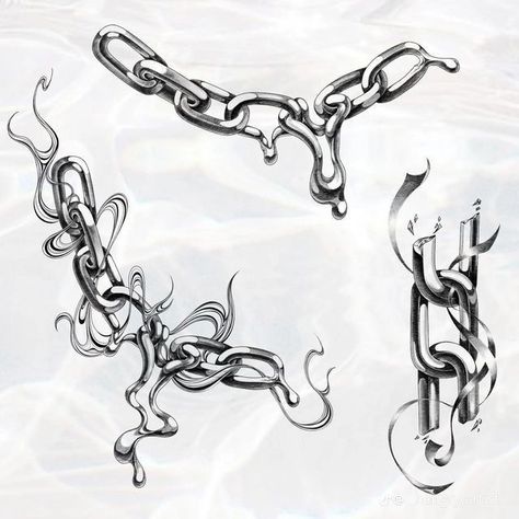 Chains Drawing Art, Metal Chain Art, Cyberpunk Flash Tattoo, Drip Tattoo Design, Chrome Chain Tattoo, How To Draw Chrome, Metalic Tatoos, Textured Tattoos, Chains Drawing Reference