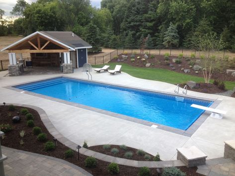 Basic Pool Landscaping, Simple Backyard Pool Landscaping, Outdoor Inground Pool Area Ideas, Pavilions Backyard, Outdoor Pool Area Ideas On A Budget, Patio And Pool Ideas Layout, Backyard Layout With Pool, Small Backyard Pool Designs, Simple Backyard Pool Designs