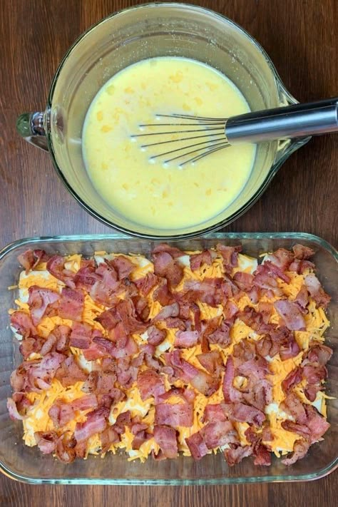 Egg and milk mixture in mixing bowl next to bacon, cheese and bread cube mixture in casserole dish. Egg Bake With Bread, Bacon Egg And Cheese Casserole, Bacon Breakfast Casserole, Bacon Casserole Recipes, Breakfast Casserole With Bread, Breakfast Casserole Recipes, Cheese And Bread, Bacon Egg Cheese, Bacon Casserole