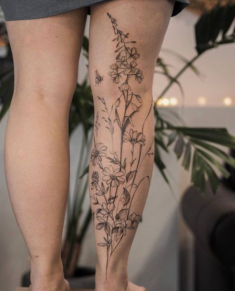 Aesthetic Floral Sleeve Tattoo, Floral Leg Piece Tattoo, Black And Grey Floral Leg Sleeve, Vines Going Up Leg Tattoo, Flower Leg Piece Tattoo, Wild Flower Tattoo Leg, Garden Tattoo Thigh, Full Leg Vine Tattoos For Women, Patch Work Leg Tattoos Women