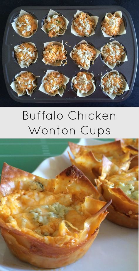 Buffalo Chicken Wonton Cups | The Everyday Hostess Buffalo Chicken Wonton Cups, Chicken Wonton Cups, Buffalo Chicken Wontons, Chicken Wontons, Wonton Cups, Won Ton, Wonton Recipes, Cream Cheese Chicken, Wonton Wrappers