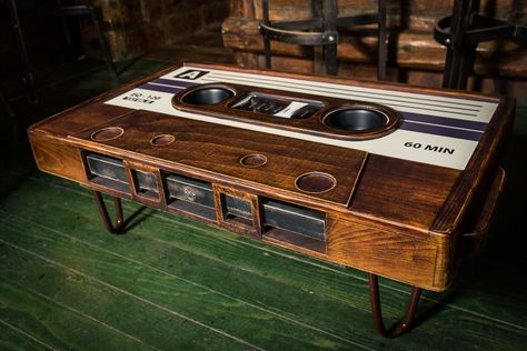 My Friend Made This Awesome Cassette Tape Coffee Table Rustic Wooden Box Centerpiece, Wooden Pallet Beds, Wooden Box Centerpiece, Rustic Wooden Box, Cassette Audio, Yoga Studio Design, Chic Coffee Table, Coffee Box, Vinyl Record Storage