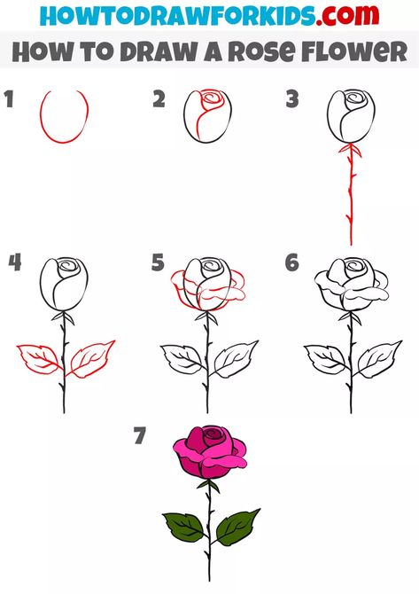 Rose Flower Drawing Design, Easy Mermaid Drawing, Rose Flower Drawing, Bush Drawing, Rose Drawing Simple, Draw A Rose, Rose Coloring, Cartoon Rose, Easy Rose