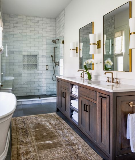 New This Week: 7 Beautiful Bathrooms With a Low-Curb Shower Craftsman Style Bathrooms, Custom Kitchen Remodel, Bathroom Large, Primary Bath, Transitional Bathroom, Large Format Tile, Shower Surround, Vanity Countertop, Floating Vanity