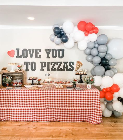 Pizza Second Birthday, Valentines Day Birthday Party Boy, Love You To Pizzas, Pizza Birthday Theme, Pizza Themed 2nd Birthday Party, Pizza Theme First Birthday, Valentines Birthday Party Ideas For Boys, Pizza Theme Baby Shower Ideas, 1st Birthday Pizza Theme