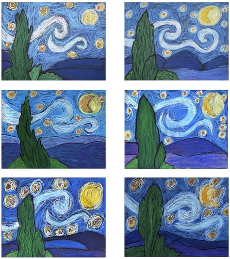 I love the results from this project.  We use oil pastels on black construction paper.                It is not a fast project to do - but ... Van Gogh Art Lesson, Starry Night Picture, Starry Night Art, Fall Art Projects, Black Construction Paper, Glowing Art, Art Lessons For Kids, Van Gogh Art, Homeschool Art