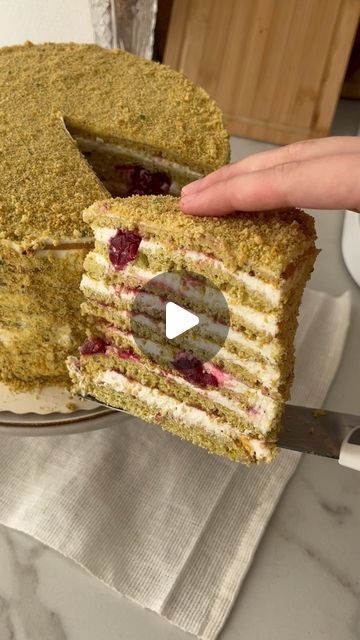 353K views · 34K likes | Baked by Laora 🧁 on Instagram: "This pistachio-cherry honey cake fits perfect into this spring season! And it taste just as beautiful as it looks! (Recipe below)🍒  Ingredients 3 eggs 340 ml honey  100 g sugar 140 g butter  1 tablespoon vanilla paste  Dry’s 150 g finely crushed pistachios 340 g flour 1 tsp baking powder 1 tsp cinnamon 1 tsp kardamum   + additional 100 g pistachios for decoration.  Instructions: Bring the honey and sugar to simmer in a pot till it changes color (7-10 minutes) on medium heat. When it reaches a slightley brown color and the honey starts to rise with bubbles, turn down the heat and add the butter. In another bowl, whisk the eggs on high speed with a pinch of salt till it dubbles in size. Add vanilla. Add the honey-butter mixture slowl Honey Cake Decoration, Square Layers, Round Layers, Crushed Pistachios, Mascarpone Filling, Green Cake, Pistachio Cake, Vanilla Paste, Honey Cake