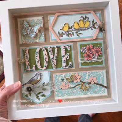 Framed Collage, Framed Items, Box Frame Art, Stamping Projects, Spring Love, Bird Stamp, Love Frames, Hand Of Cards, Baby Diy