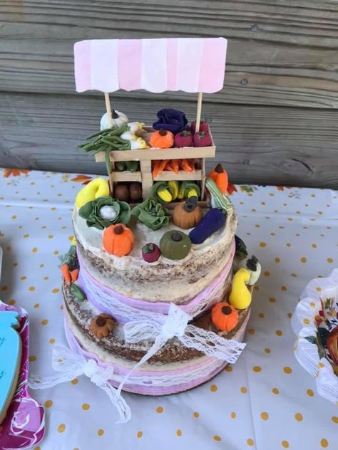 Farmers Market Diaper Cake, Farmers Market Cake, Quirky Cakes, Baby Shower Sheet Cakes, Girls First Birthday Cake, Garden Cakes, First Birthday Cake, Diaper Cakes, First Birthday Cakes