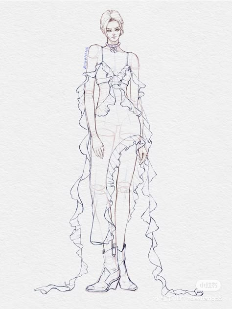 Ruffle Drawing, Ocean Fashion Design, Ruffles Drawing, Fashion Illustration Collage, Fashion Figure Drawing, Fashion Courses, Ocean Fashion, Fashion Design Patterns, Ruffles Fashion