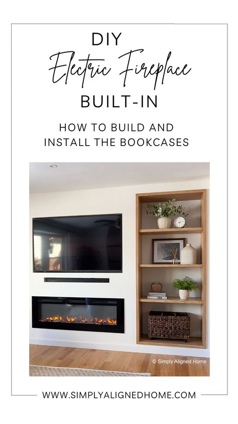 DIY ELECTRIC FIREPLACE BUILT-IN: How to Build and Install the Bookcases Horizontal Fireplace, Diy Electric Fireplace, Installing Shiplap, Built In Electric Fireplace, Split Level Home, Built In Shelves Living Room, Basement Remodel Diy, Fireplace Shelves, Bedroom Fireplace