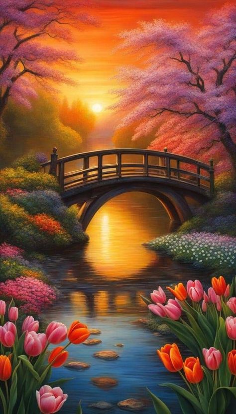 Fantasy Cottage, Beautiful Tulips, Spring Scenery, Watercolor Scenery, Cow Photos, Bridge Painting, Beautiful River, Tulip Painting, Nature Art Drawings