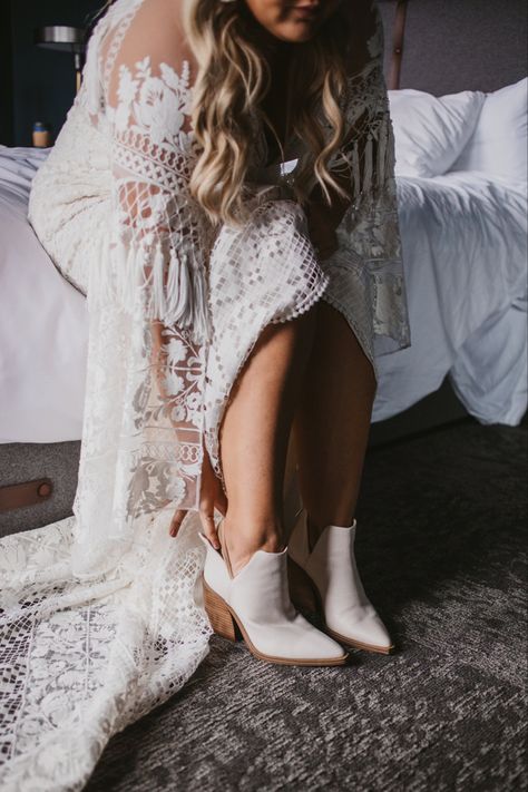 Bride | boho bride | wedding shoes | wesding boots | wedding dress | boho wedding dress | wedding dress inspiration | lace dress |  dress with sleeves | getting ready | wedding inspo | boho wedding | wedding | wedding photography | midwest photographer | Copperhead Photography | @Copperhead_Photography | www.copperheadphotography.com Boho Boots Wedding, Boho Wedding Shoes Boots, Outdoor Fall Wedding Shoes For Bride, Wedding Dress And Boots Boho, Bridal Boots Boho, Booties With Wedding Dress, Ankle Boots Wedding Dress, Lace Wedding Dress With Boots, Bride Shoes For Outdoor Wedding