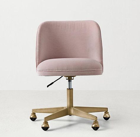 Blush Pink Velvet Antiqued Brass Desk Chair Velvet Desk Chair, Pink Office Chair, Chair Drawing, Blue Dining Room Chairs, Wayfair Living Room Chairs, Scandinavian Dining Chairs, Waiting Room Chairs, Rh Teen, Pink Office