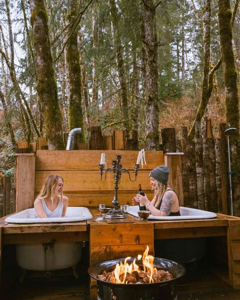 Oregon Treehouse Airbnb | Off-Grid Luxury with Tubs & Sauna » Miss Rover Oregon Treehouse, Outdoor Tubs, Land Acknowledgement, Treehouse Airbnb, Luxury Treehouse, Outdoor Bathtub, Outdoor Tub, Rustic Luxury, Outdoor Bathroom Design