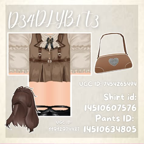 Roblox Brown Sweater Codes, Roblox Victorian Outfit Codes, Roblox Brown Outfits Codes, Roblox Codes For Clothes Brown, Roblox Brown Accessories Codes, Roblox Clothing, Coding Shirts, Pic Code, Roblox Clothes