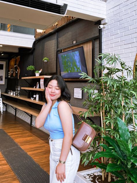 Charles And Keith Charlot Bag, Ootd Coffee Shop, Café Aesthetic, Aesthetic Coffee Shop, Korean Ootd, Charles And Keith, Aesthetic Coffee, Knitted Top, Wide Leg Jeans