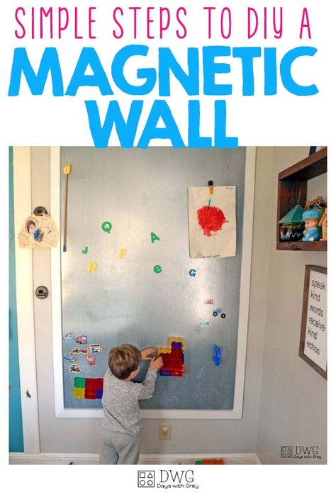 DIY magnetic wall you can add to your home. These step by step instructions will help you create a magnetic wall to your home today! Magnetic Paint Wall Ideas, How To Make A Magnetic Wall, Basement Wall Ideas Decor, Diy Magnetic Wall Decal, Magnetic Wall Ideas Kitchen, Magnatiles Wall, Magnet Wall Playroom, Magnetic Paint Ideas, Interactive Playroom Wall