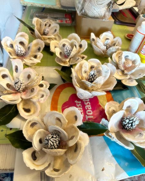 Magnolias made from oyster shells. Fun day hot gluing! #magnolia #oysters #oystercrafts #hotgluecrafts #hotglueart #southerncharm #southernliving Hot Glue Art, Shell Ideas, Oyster Shells, Glue Crafts, Oyster Shell, Fun Day, Southern Charm, Southern Living, Magnolia