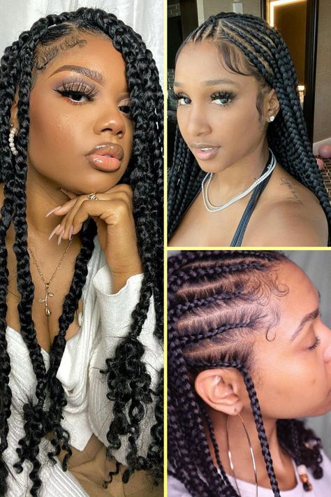 Cornrows In The Front Box Braids In Back, Braided Protective Styles, Quick Feed In Braid Styles, Feed In Braids Cornrows, Mini Braids On Natural Hair, Braids Knotless Box Braids, Feed In Cornrows, Box Braids Knotless, Braids On Natural Hair