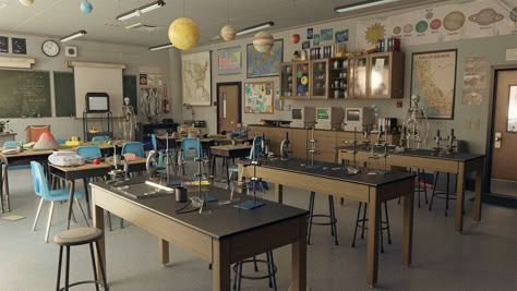 ArtStation - Dekogon Highschool Science Classroom (UE4) High School Science Teacher Aesthetic, Science Teacher Aesthetic Classroom, Highschool Science Classroom, Aesthetic Science Classroom, Science Classroom Decorations Highschool, Science Classroom Aesthetic, Science Lab Aesthetic, Science Classroom Design, Science Lab Classroom