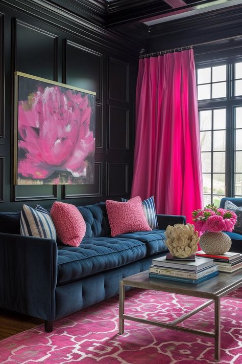 26 Pink and Black Living Room Ideas for a Chic Interior Update Navy And Hot Pink Living Room, Swanky Living Room, Pink And Blue Living Room Ideas, Pink And Black Living Room, Magenta Living Room, Blue Pink Living Room, Black Living Rooms, Blue And Pink Living Room, Black Living Room Ideas