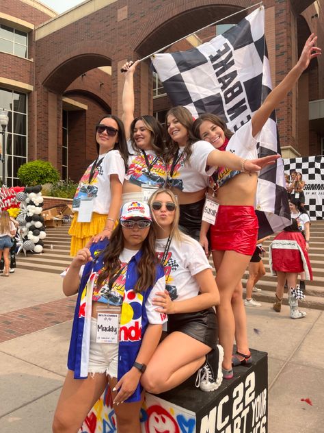 Talladega Nights Sorority, Sorority Race Car Bid Day, Nascar Sorority Theme, Bid Night Themes, Race Car Sorority Theme, Race Car Bid Day, Garden Prom Theme, Nascar Bid Day, Flag Photoshoot