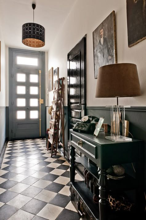 Black And White Hallway, Checkered Flooring, White Hallway, Checkered Floor, Foyer Flooring, Tiled Hallway, Hallway Inspiration, Hallway Flooring, White Tile Floor