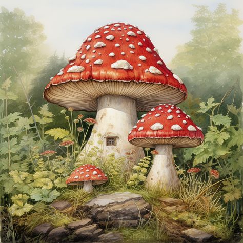 The mushroom fairy house print. Available as a tote bag and phone case Mushroom Pictures Art, Paintings Of Mushrooms, Simple Mushroom Painting, Fairy Tale Painting, Mushroom Paintings, Mushroom Ideas, Vintage Mushroom Art, Painted Mushrooms, Mushroom Painting