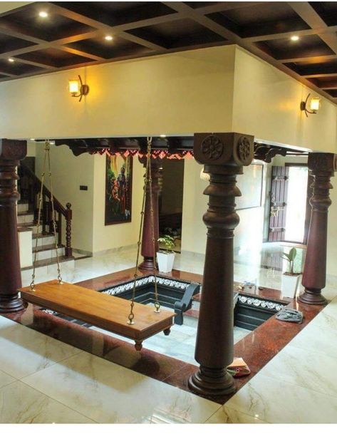 Chettinad House Interiors, Indian Bungalow, Traditional House Design, Chettinad House, Classic House Interior Design, Kerala Traditional House, Skylight Design, Wooden Pillars, India Home Decor