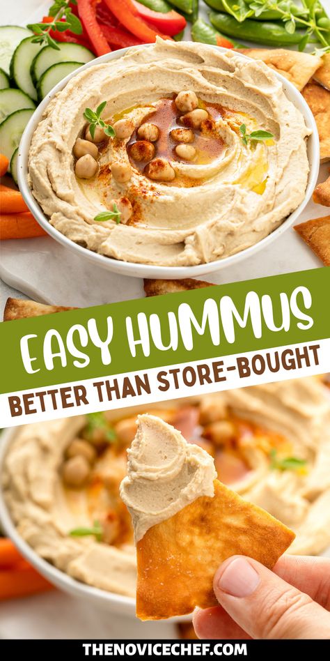 This deliciously creamy homemade Hummus is super simple to make. No need to soak the garbanzo beans overnight - just grab a few simple ingredients and your food processor, and you can pull together this tasty Mediterranean snack. Garbanzo Hummus Recipe, Garbanzo Bean Dip, Mediterranean Diet Hummus Recipe, Garbanzo Bean Dip Recipes, Hummus Recipes Homemade, How To Make Hummus Easy, How To Make Hummus, Greek Hummus Recipe, Food Processor Recipes Healthy