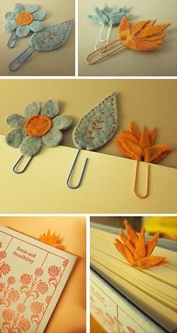 Cómo hacer mini ganchos de ropa de adorno con clips ~ Solountip.com Felt Bookmark, Diy Bookmarks, Bookmarks Handmade, Felt Diy, Felt Ornaments, Felt Art, Felt Flowers, Felting Projects, Felt Crafts