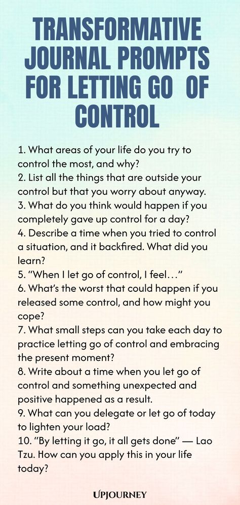 Explore these transformative journal prompts designed to help you let go of control and find inner peace. Reflect on your thoughts and emotions as you navigate through these prompts, guiding you towards a more balanced mindset. Use these powerful tools to release the need for control and embrace the beauty of surrendering to the flow of life. Let your journal be a safe space for self-discovery and growth as you work through these thought-provoking prompts. Start your journey towards letting go t Need For Control, Journal Prompts For Letting Go, Therapy Journaling Prompts, Therapeutic Journaling, Journaling Lists, Letting Go Of Control, Let Go Of Control, Control Journal, Work Etiquette