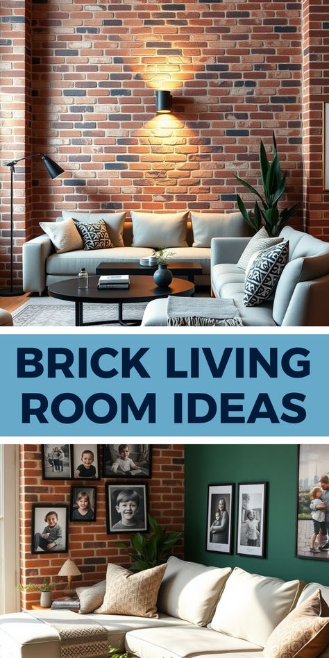 Pinterest pin showcasing 20 creative ideas to elevate an exposed brick living room. The pin features images highlighting wall-mounted including lighting. It also includes creative ideas decorating with personalized family photos Exposed Brick Living Room, Brick Living Room, Wall Mounted Light, Exposed Brick, Personalized Family, Showcase Design, Lighting Ideas, Be Inspired, Creative Ideas